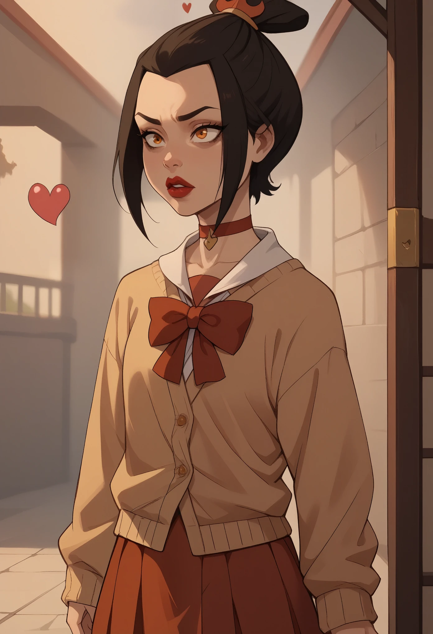 Azula. (a beautiful, young, fair-skinned, amber-eyed and slender girl of medium height. Azula's makeup consists of mascara and red lipstick. Azula also has wavy dark brown hair down to the middle of her back with two additional strands above her shoulders. choker. school uniform. skirt. cardigan. heart
