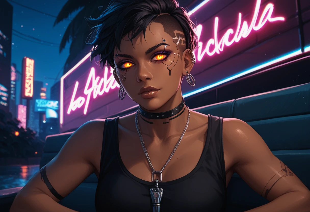 Minimalist art, an 80s airbrush illustration of the upper body and face of an African American woman with very short hair. White waves around the head. Cyberpunk style, night, neon lights, piercings, makeup, front view, glowing eyes