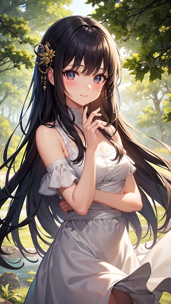 masterpiece, best quality, 1girl, tlily, black hair, twintails, feather hair ornament, headband, dark skin, dress, native american, upper body, sketch, looking at viewer, night, meadow background  