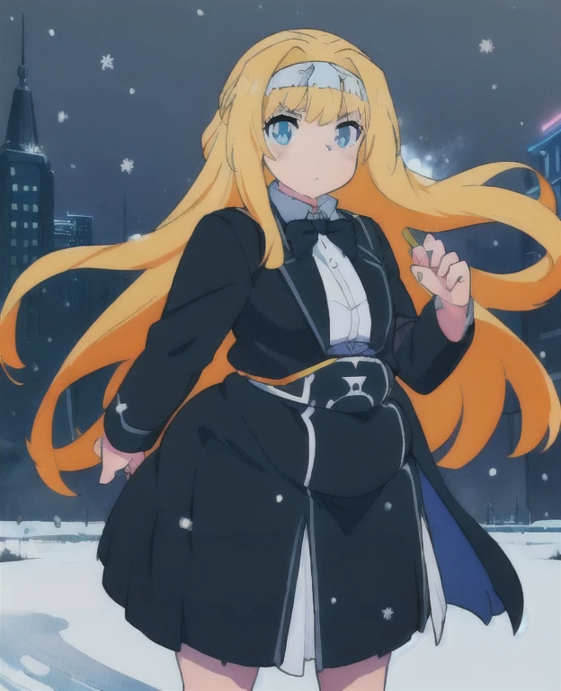 (best quality, 4k, 8k, anime girl, masterpiece)), (((beautiful extremely detailed face))), ((beautiful eyes)), cinematic lighting, perfect anatomy, ((alice synthesis thirty)), (((chubby))), (((black coat, skirt, JK uniform, orange bowtie))), (full body view), ((blonde, glowing hair, very long hair, headband,)), neon lighting, (((ssbbw))), ((((extremely wide waist)))), fully clothed, ((snow, neon city)), ((standing still)), (low angle), brave pose,