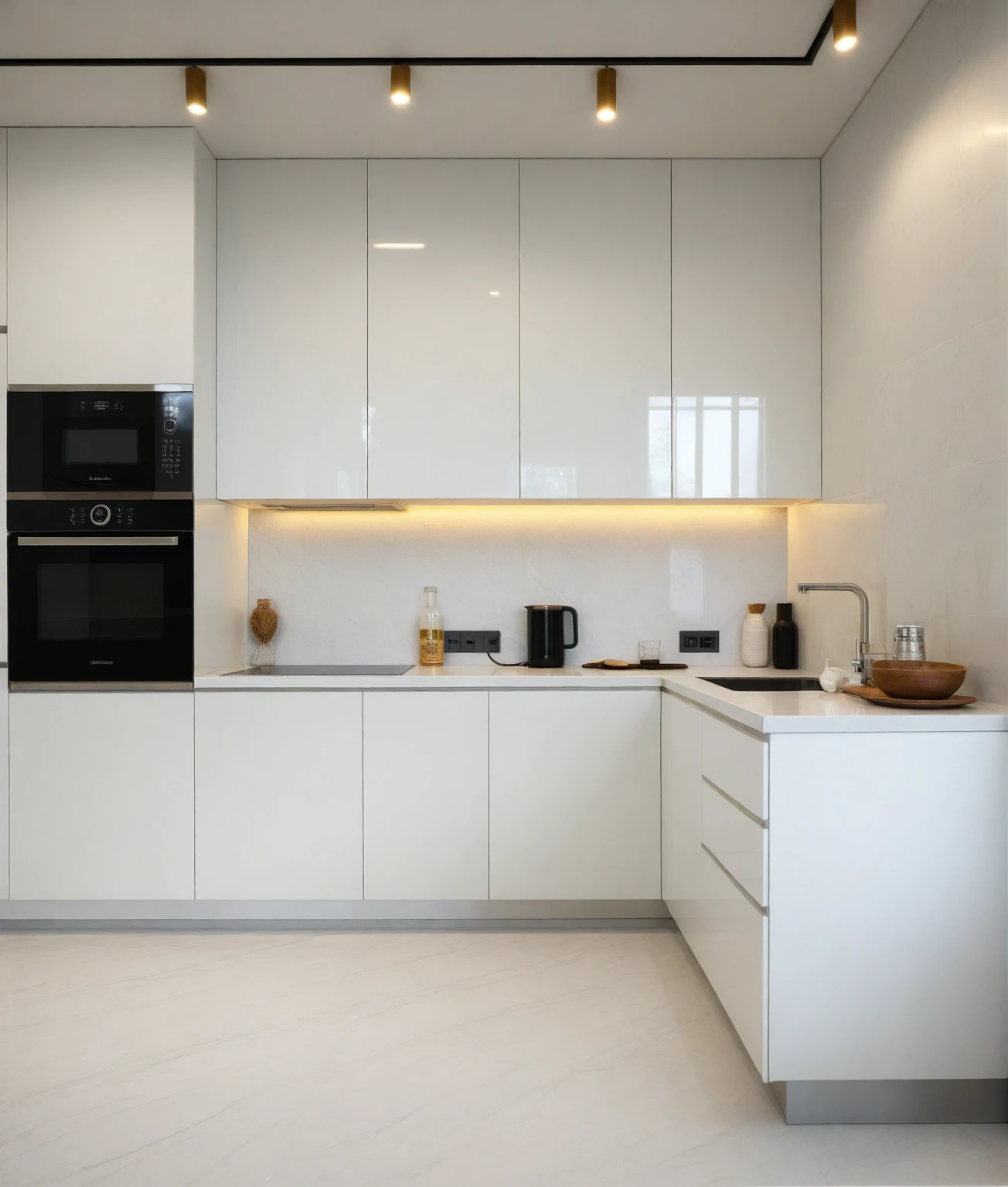 Raw photo,Masterpiece, high quality, best quality, (glossy cabinet : 1.3) authentic, super detail,
indoors, interior , (( kitchen :1.3)), modern style, daylight, (WHITE WALL),marble tile floor, (white hanging cabinet : 1.7)