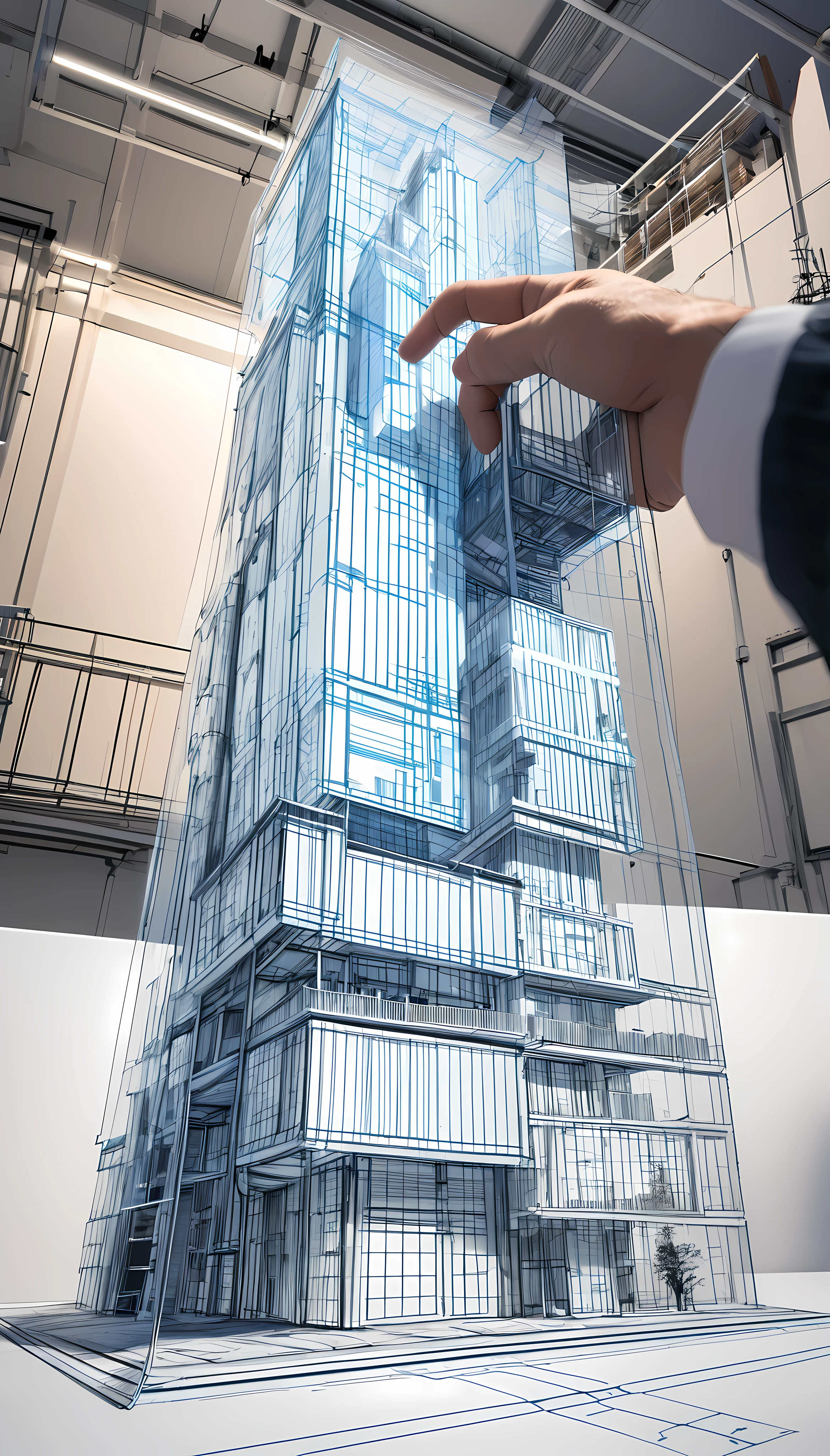 A skyscraper towering over a vacant lot in the city, alone, Modeling that looks like a line drawing of a blueprint, Three-dimensional, Highly transparent texture, BREAK Image of a non-existent building, Transforming 2D drawings into 3D, Holographic Projection, Line art of absurd 3D blueprints that exist in the real world, shot from below, Inventing a new architectural design style, break ((The hand of a designer adding details to a building&#39;s outline)), Architectural design-themed artwork, NRART, 