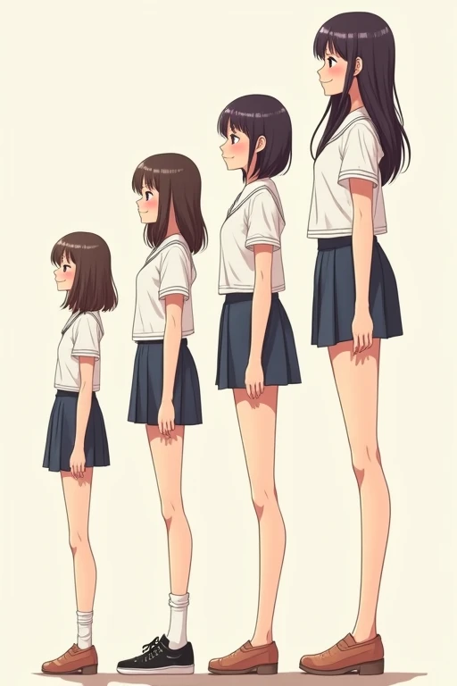 ((best quality)), ((masterpiece)), (detailed), A short Japanese junior high school girl's legs grow significantly longer over the course of six years, and she becomes a tall high school girl with a model body. two photo, before after