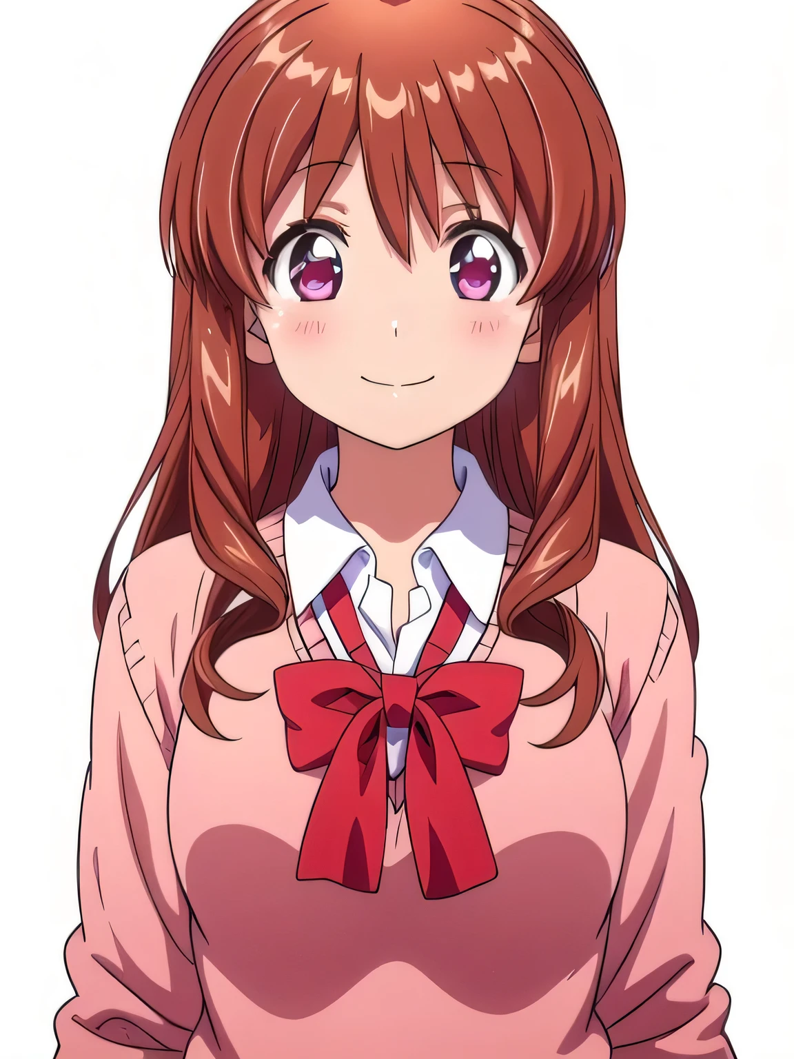 solo, 1girl, looking at viewer, 2D, anime, official style, anime coloring, anime screencap,  (simple background, solid white background:1.3), ryou machiko, blush, school uniform, sweater, smile