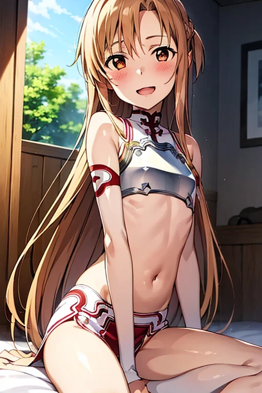 ((Best Quality)), ((masterpiece)), (be familiar with), Perfect Face, indoor, bedroom, Watching the audience,
One woman, Yuuki Asuna,
Open Mouth, Ecstatic expression, blush, smile,
Small breasts, Flat Chest, , , , Girl,
Long Hair, Long Hair,
Leg spread,