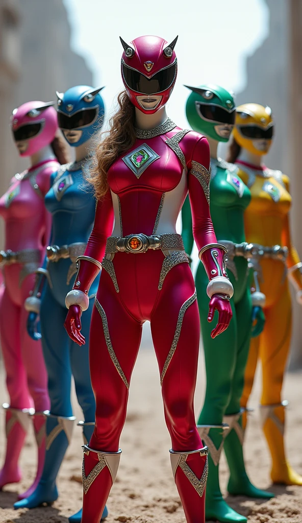 A team of five female Power Rangers in gemstone-themed uniforms, ruby red, sapphire blue, emerald green, topaz yellow, and tourmaline pink, with full-face helmets showcasing anatomically correct, highly detailed, high-resolution models. Masterpiece, ultra-high definition, very detailed, large breasts, widescreen.