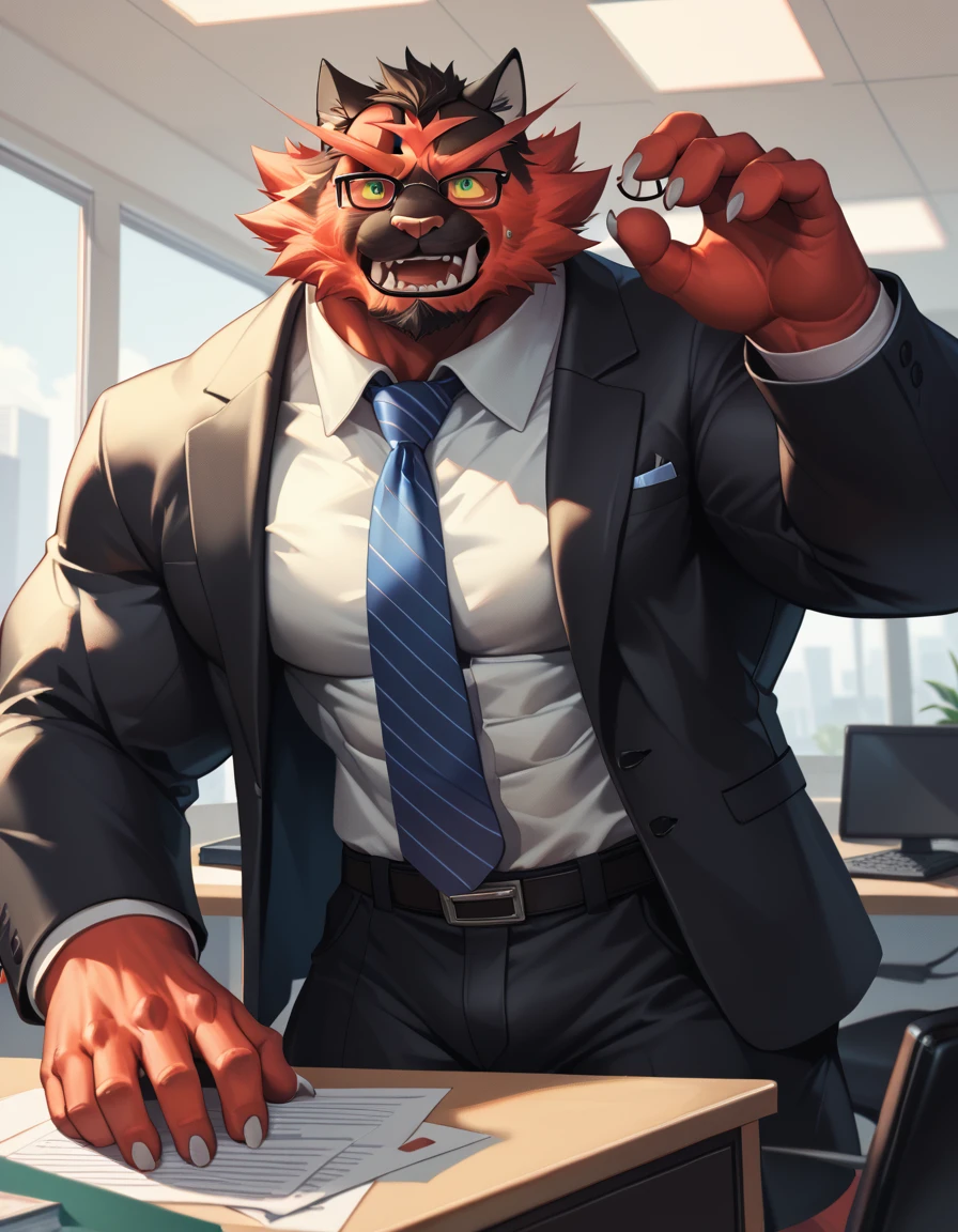 bara incineroar, mture male, strong physique, perfect anatomy, masterpiece, black beard, big eyes, solo, great lighting, suits, office, glasses, 