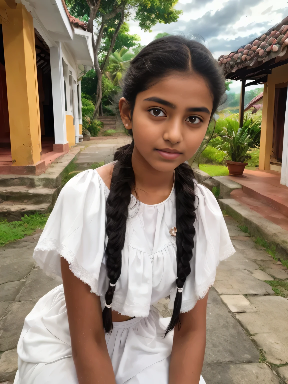 Raw photo , 20 yo old 1 girl  ,Wearing white  traditional clothes ,sri lanka cute teen 20 years old girl ,  with plait, professional photographer, (hdr:1.4), masterpiece, ultra-realistic 8k, perfect artwork, intrincate details, cute face, award winning photograph, (Best quality, 8k, 32k, Masterpiece, UHD:1.3) ,