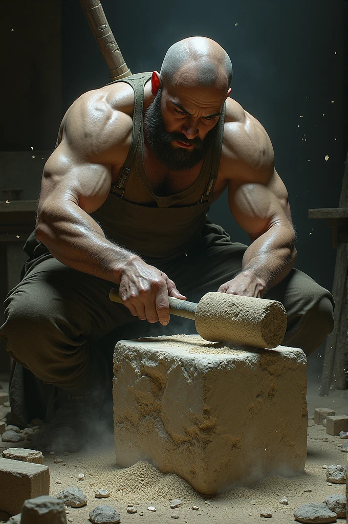 A body being carved in stone, with hammer and chisel in hand, sitting down, with dumbbells around