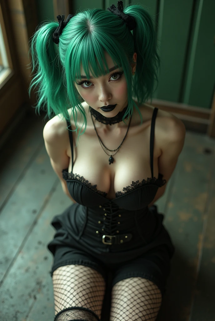 1girls, Nur, green Hair , 24 years old , She should have a mini tulle mini dress with bright cherry blossom stones, high heels with stone buckles on her feet, silver stylish jewelry, beautiful modern poses, her face, hands, legs and body lines should be flawless, and she should have dark make-up.