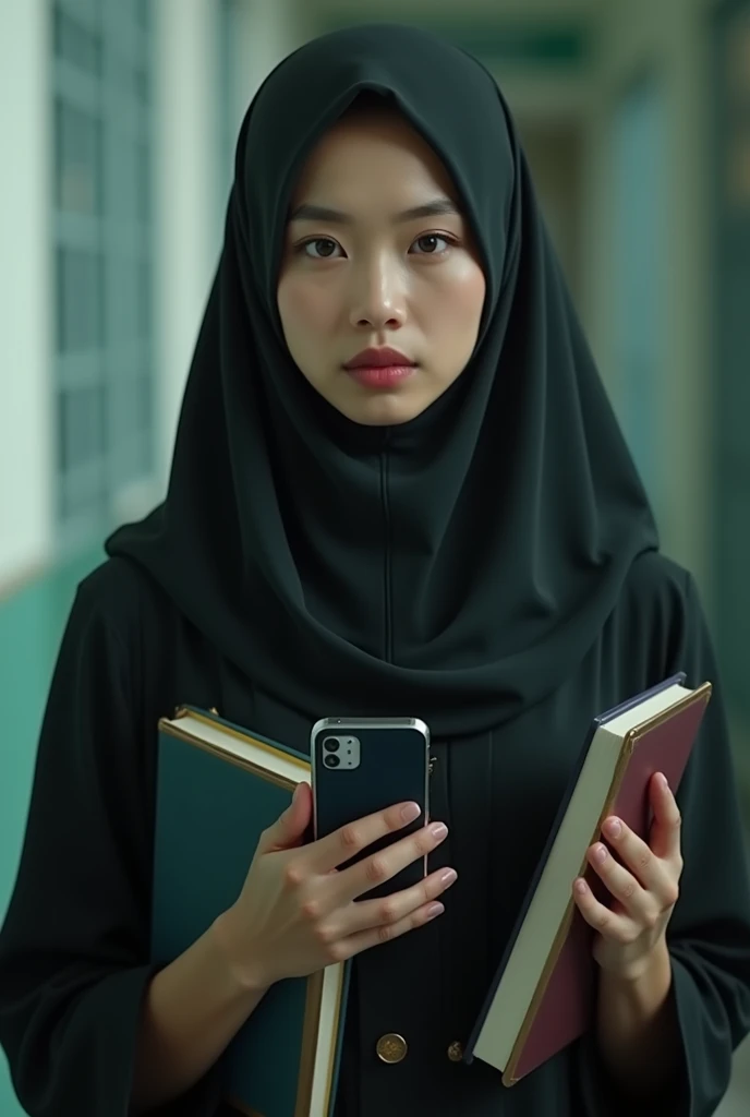 Plump vagina, sweating vagina, Beautiful girl wearing narrow dark hijab malay teenage girl 18 years old, kelantanese look, cute girl face, smiling, eyes looking at camera, grin, big laugh, nude, naked, naked body, sperm on vagina, no clothes, no clothing, big breasts about to burst out, closeup vagina, closeup view, plump body, showing vagina, vagina view, plump thigh, realistic skin, view from below, spreading legs on desk, in empty classroom, books on table, hand holding smartphone, side lighting, night time, hard light, high quality, ultra sharp image, ultra detail, 35mm lens, establishing shot, pastel color grading, depth of field cinematography effect, film noir genre, 8k resolution