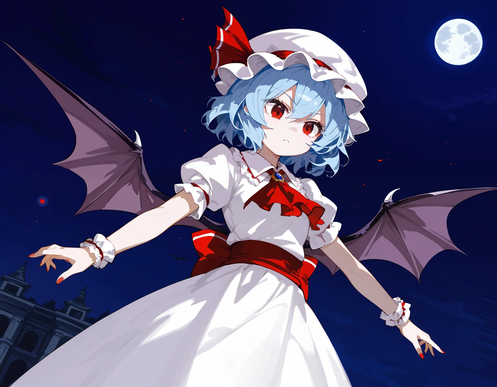 1girl, solo, dutch angle, acrobatic pose, Diabolical, Ruined palace in the distance, Gloomy painting style，
Anime Girls, blue hair, dress, frills, hat, hat ribbon, mob cap, pink dress, puffy sleeves, red ascot, red eyes, red sash, remilia scarlet, ribbon, sash, short hair, short sleeves, white dress, wings, wrist cuffs, flying bat background, 
red full moon, night sky, night, red moonlight, 
Score_9,Score_8,score_7_up,source_anime, rating_questionable,