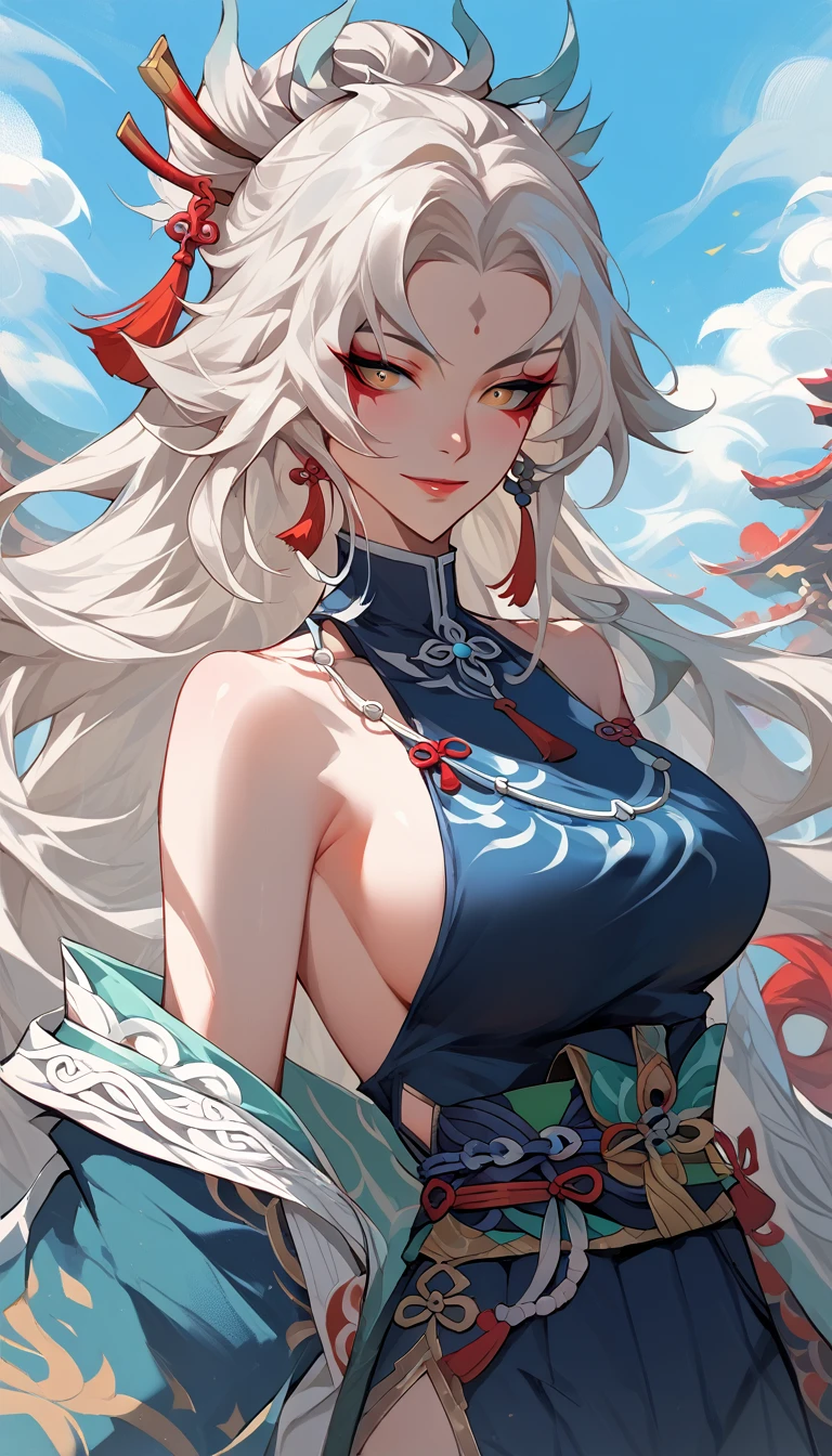 anime girl with long white hair and blue dress posing, white haired deity, seductive anime girl, white haired, perfect white haired girl, white haired lady, white-haired, onmyoji portrait, white - haired fox, onmyoji, anime goddess, 