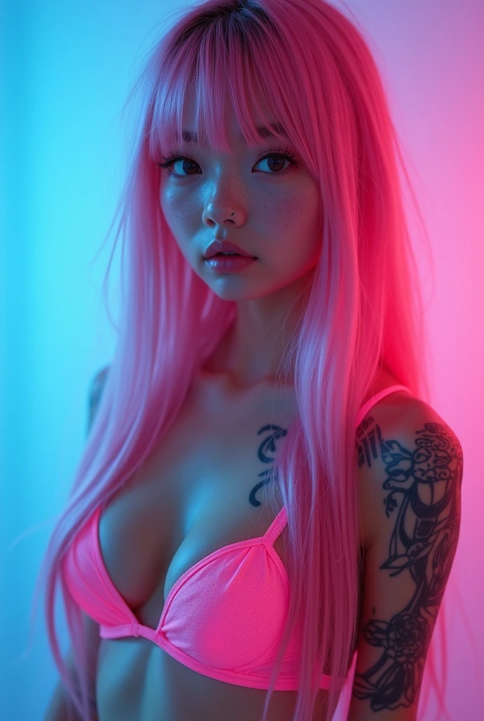 Danish Asian mixed, medium closeup, 1girl, solo, huge breasts, cleavage, wide hips, fit stomach, long detailed eyelashes, (detailed eyes), full lips, (detailed skin texture:1.1), (minimum hair, realistic hair:1.2), HAIR: (pink hair:1.2, ponytail), CLOTHING: (red and black bodysuit:1.2), BREAK; LOCATION: balcony, night city, (looking at viewer), passionate look, soft lighting, depth of field, (photorealistic), Ultra High Definition, Raw Photo,
