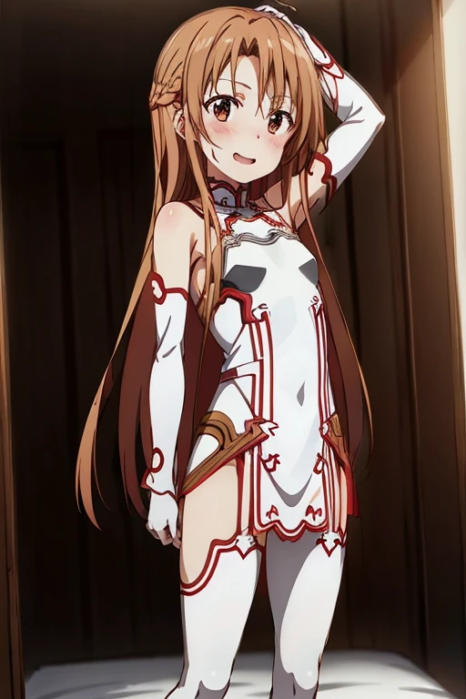 ((Best Quality)), ((masterpiece)), (be familiar with), Perfect Face, indoor, bedroom, Watching the audience,
One woman, Yuuki Asuna,
Open Mouth, Ecstatic expression, blush, smile,
Small breasts, Flat Chest, , , child, Girl,
Long Hair, Long Hair,
Leg spread,