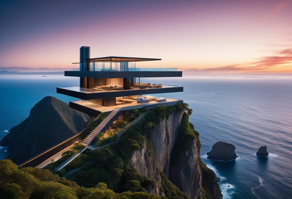 Composition: Wide-angle shot of a majestic giant island gliding effortlessly over an endless ocean at sunset. The camera looks up towards the sky to emphasize the grandeur of the island, with the city in the distance. Framing: The shot is framed by the rugged edges of the mountain range, with the modernist abode seamlessly integrated into the landscape. Lighting: Soft, serene atmosphere created by the ambient glow of sunset and twinkling stars. Key elements: Ancient trees with misty waterfalls, rustic charm of the city, rope bridges, marble stone elevators, futuristic architecture, sleek lines, angular shapes, gleaming steel, iridescent glass accents, innovative design, opulence. Subject: Elon Musk in his grand, window-lined living room, surrounded by luxury and innovation.