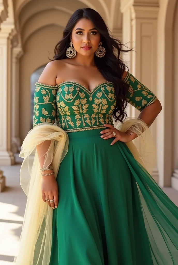 arab, dark skin,  woman, medium-small breasts, black hair, green eyes, west asian traditional clothes, fully clothed, detailed shadows, HDR, photoreal, photograph, 8k, best quality, , black eyeliner, lipstick, necklace, full body picture, indian background, scenic, sunset