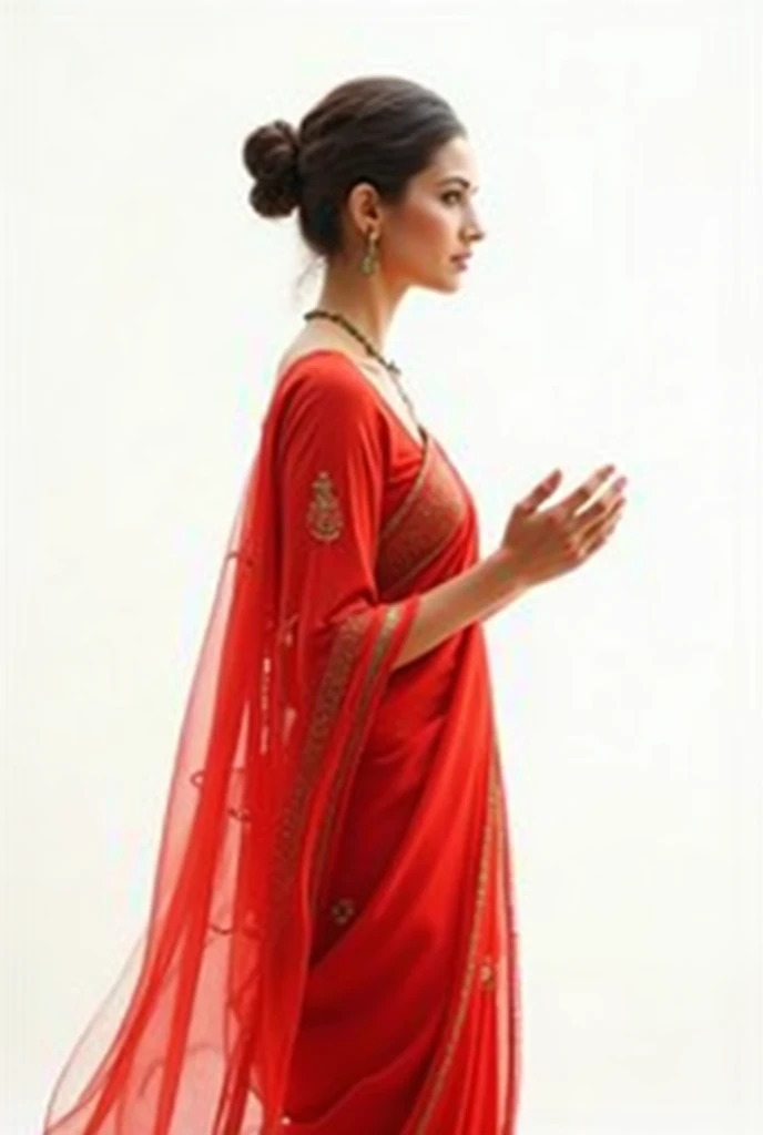 A modern woman in a luxurious salon, draped in a stunning saree with intricate traditional and modern designs, stands before a large mirror, the serene atmosphere reflecting her sophistication. 
