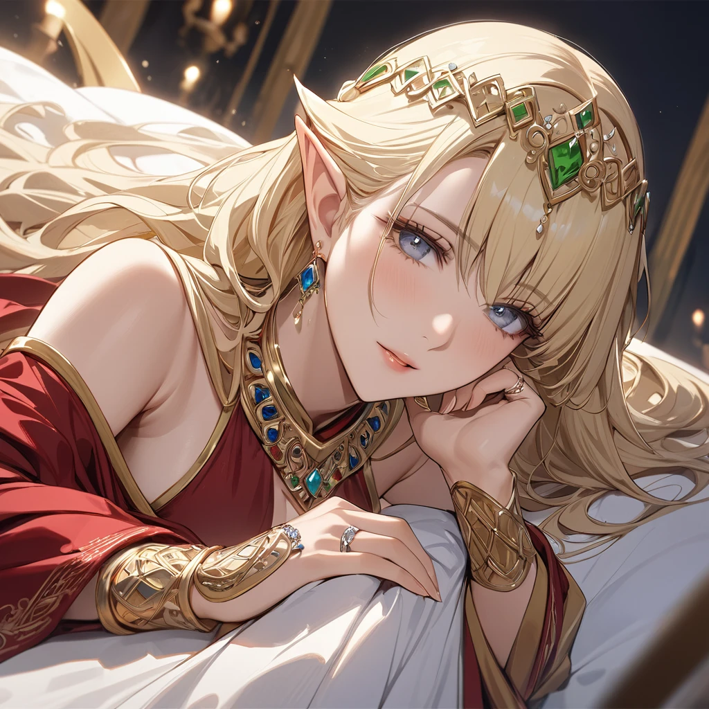 ((Best Quality)), ((masterpiece)), (detailed), （Perfect Face）、The high elf woman is Seras Ashlain, a blonde medium-length haired high elf wearing a Saudi Arabian costume, gorgeous jewelry accessories, and an engagement ring.