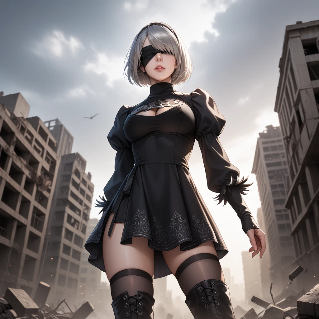 score_9, score_8_up, score_7_up, 32k,masterpiece, highest quality, 
photo realistic, super detail, vibrant colors, chiaroscuro lighting, cinematic lighting,
1 woman, inspired nier automata 2B,
bob cut, gray hair, bangs, mole under mouth, blindfold,
2B dress, cleavage cutout, skirt, thighhighs under boots,
ruins, a ruined world, devastated cities, dark cloudy sky,
seductive pose, dramatic angle,