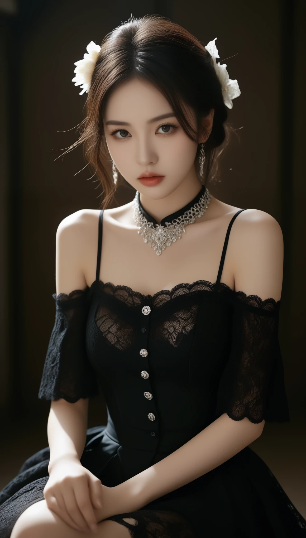 8k, Ultra-high resolution, Best Quality, masterpiece, 三分割法によるphotograph,Surreal, photograph, 1 , (:1.3), cute, cute顔, 細部までBeautiful Eyes, 細かくdetailedに,masterpiece,One Girl:1.2,Japanese women,princess,full body,glaring,Black long hair,Curl outward hair,ID photo,future,Brutal Cyberpunk Woman,Luxurious and gorgeous,Stone Room,((Highly decorative and intricate mechanical steampunk fashion, Lace flare mini skirt, Above-the-knee lace stockings, Lace off-shoulder fashion, Overly decorative fashion)),Lavish Decoration,(BDSM Mistress),(With collar),(Upper class lady:1.5),Expressions of despair,Dark and atmospheric lighting,Subtle details, detailedな顔,anger,Attractive eyes,(ポートレートphotograph:1.4),(Photorealistic images:1.4),Fantasy art,(Beautiful Face:1.4),美しくAttractive eyes、Beautiful Eyes,Silver Remaining,(Tight waist:1.4)、(Beautiful with perfect body proportions:1.4),Pink Lips,profile,(((Ideal body type))),A cup small bust :2,、Portraiture:2、Perfect Anatomy、鮮明なdetailed、detailed,Thin lips,完璧でBeautiful Face ,完璧でcute顔, Detailed skin, Perfect limbs、Narrow waist,Surreal,Light and Shadow,Fashion magazine cover,spotlight