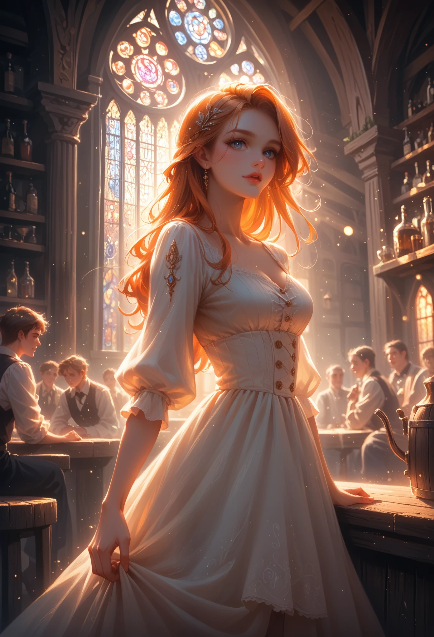 young ginger woman, Сексуальная, Обоятельная, medieval tale tavern, intricately detailed colorful interior, detailed intense sunrise lightning, best geometry, award wining masterpiece, ultra intricate shadows and lighting, best lighting, best shadows, intricate busy setting, trending on art station, global illumination, selfilluminated, bioluminescence, midjorney style, art by Albert Bierstadt,core_9, score_8_up, score_7_up, core_9, score_8_up, score_7_up, dramatic lighting, highly detailed, high budget, bokeh, cinemascope, moody, epic, gorgeous, film grain, grainy, masterpiece, best quality, perfect anatomy, very aesthetic, official art, 8k, радость, Смотрит на Зрителя с Улыбкой, Красивый Взгляд,