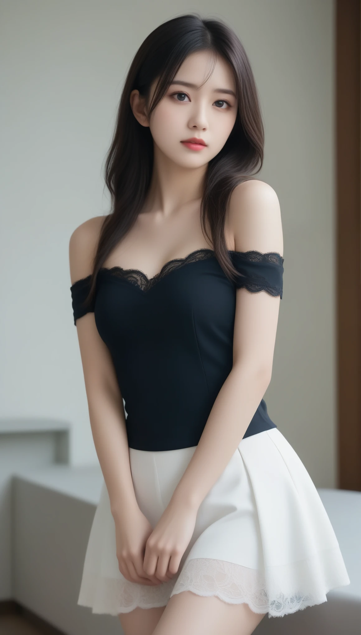 Masterpiece, high quality, 1girl, beautiful face, big eyes, light makeup, spaghetti strap top, high waist mini skirt, thighhighs