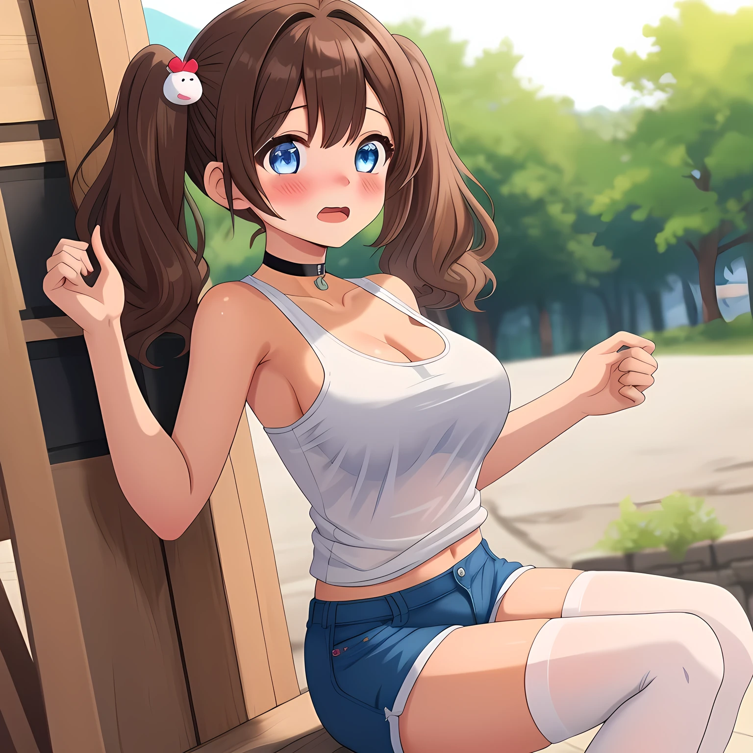 1girl, sanae dekomori, speech bubble,,,looking viewer,,spoken heart,6yo,(ite),flat chest,grin,outdoor,camisole,denim shorts,socks,(nsfw),standing,arms behind back