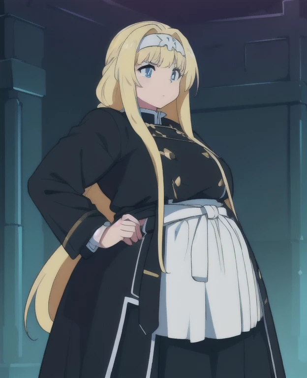 (best quality, 4k, 8k, anime girl, masterpiece)), (((beautiful extremely detailed face, beautiful eyes))), cinematic lighting, perfect anatomy, ((alice synthesis thirty)), (((chubby))), (((black coat, long skirt, JK uniform))), (full body view), ((blonde, glowing hair, long hair, white headband, brade)), neon lighting, (((ssbbw))), (((very wide waist, thick waist))), (standing still), (brave pose, slight smile),