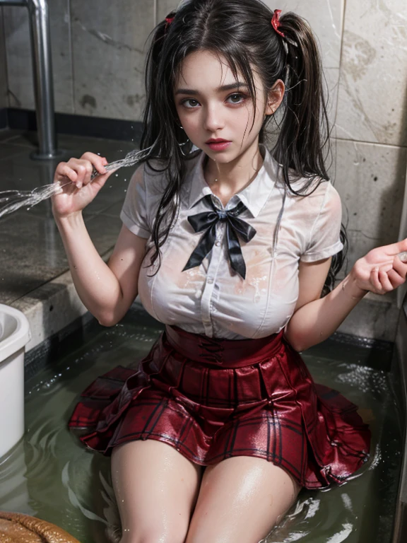 (masterpiece, best quality:1.2), in the garbage pile , In a pile of putrid garbage , in sewage , school girls outfit, tight shirt , wet clothes, soaked, wet hair, wet skin, translucent, glistening with oil , dishevelled , skirt dark red , plaid skirt , pleated skirt , Tight shirt , white Shirt , school girl , twin tails hair , red knot , red bow , school , big breasts , big , vomiting brown water from mouth flowing down stained her shirt , vomitingbrown water from mouth flowing down her shirt , Puked up flowing , vomiting brown water from mouth pour down stained her shirt