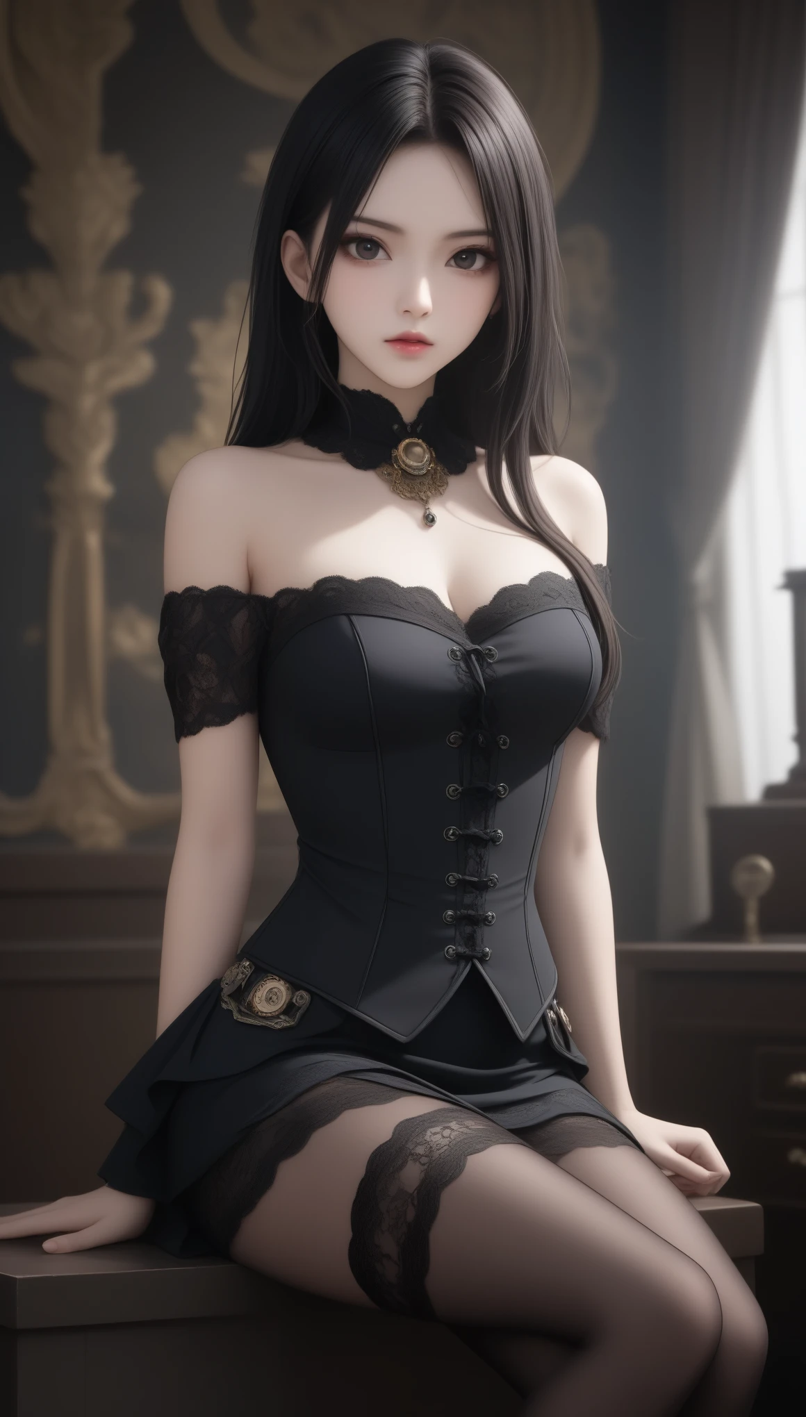 petite girl, belly button dress, official art, Unity 8k wallpaper, super detailed, beautiful, beautiful, masterpiece, top quality, light, atmosphere, twilight, romanticism, awe, literature, art, fashion, victorian, decoration, complexity, ironwork, lace, contemplation, emotional depth, supernatural, one girl, solo, neck, small breasts