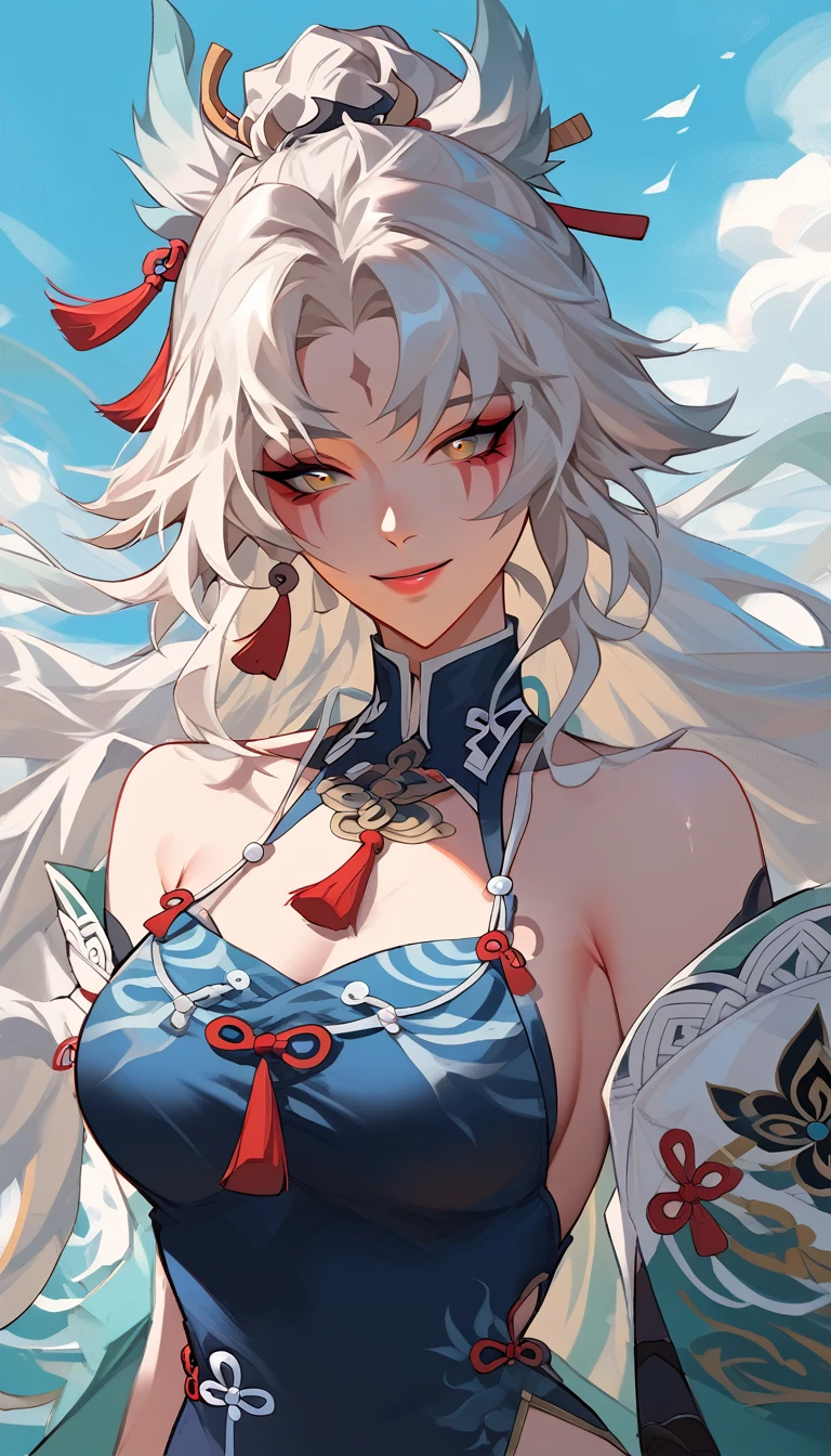 anime girl with long white hair and blue dress posing, white haired deity, seductive anime girl, white haired, perfect white haired girl, white haired lady, white-haired, onmyoji portrait, white - haired fox, onmyoji, anime goddess, Bright face