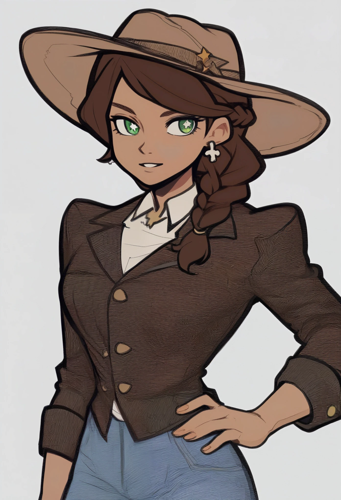 score_9, score_8_up, score_7_up, score_6_up, score_5_up, score_4_up, score bone nig, 1girl, brown hair in braid over shoulder, green eyes, star shaped white pupils, brown fedora, brown blazer and white shirt, light blue pants, cowboy boots, blue earrings, tipping hat, one hand on hip, swept bangs, warm shadows,
