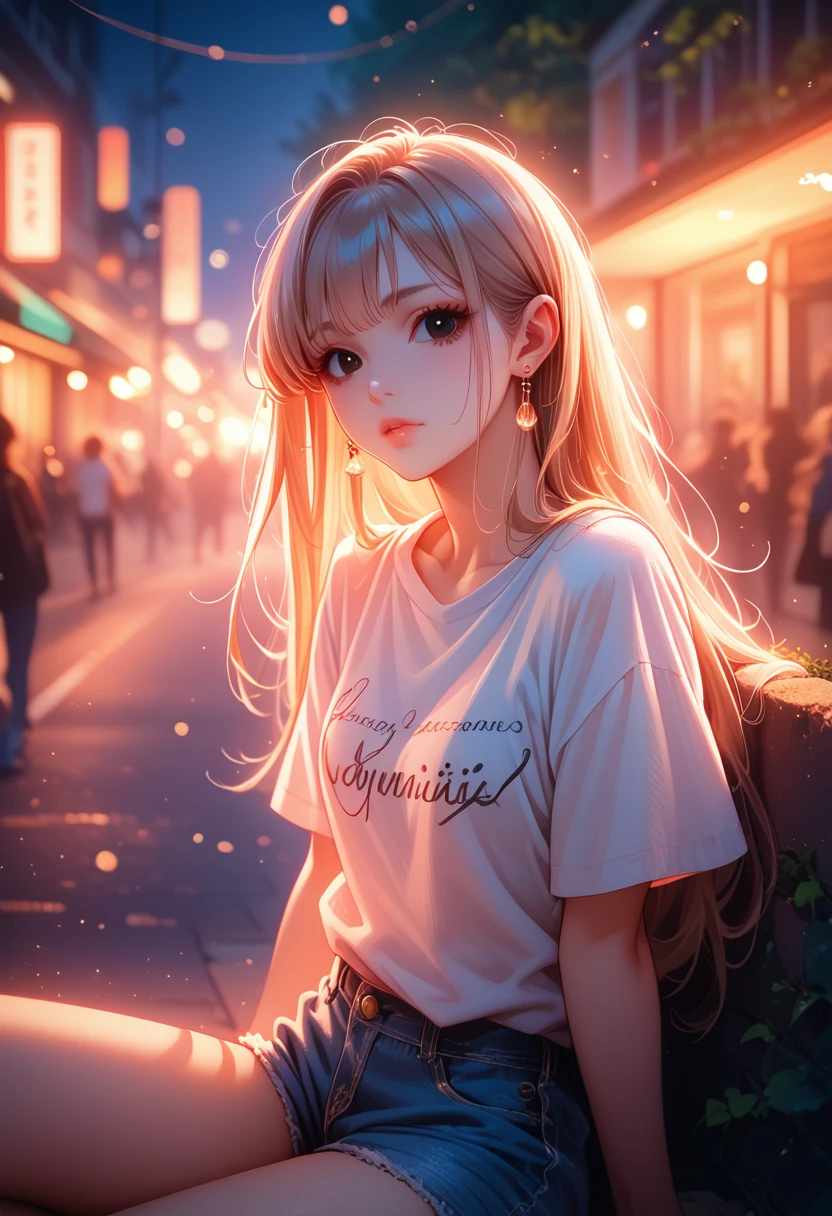 Top quality, masterpiece, ultra high definition, (Real: 1.4), Original photo, (Evening Street), 1 girl, black eyes, looking at the audience, long hair, light makeup, lips, small ears, white t-shirt, denim shorts, earrings, sitting Ferrari,, slim, neat, park,core_9, score_8_up, score_7_up, core_9, score_8_up, score_7_up, dramatic lighting, highly detailed, high budget, bokeh, cinemascope, moody, epic, gorgeous, film grain, grainy, masterpiece, best quality, perfect anatomy, very aesthetic, official art, 8k, радость, Смотрит на Зрителя с Улыбкой, Красивый Взгляд,