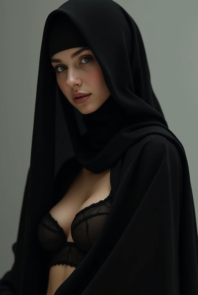 A young veiled girl with Niqaab green eyes rior. An open-neck blouse or dress with a V-shaped neckline