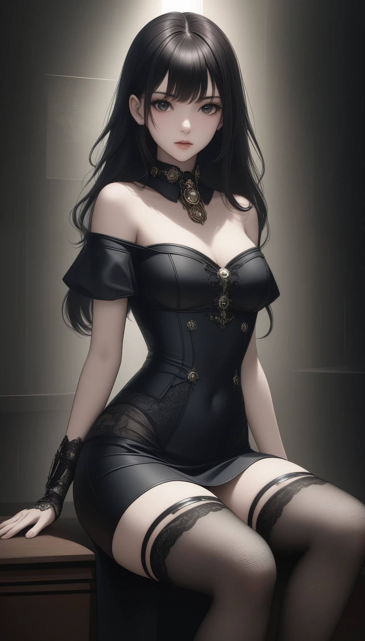 8k, Ultra-high resolution, Best Quality, masterpiece, 三分割法によるphotograph,Surreal, photograph, 1 , (:1.3), cute, cute顔, 細部までBeautiful Eyes, 細かくdetailedに,masterpiece,One Girl:1.2,Japanese women,princess,full body,glaring,Black long hair,Curl outward hair,ID photo,future,Brutal Cyberpunk Woman,Luxurious and gorgeous,Stone Room,((Highly decorative and intricate mechanical steampunk fashion, Lace flare mini skirt, Above-the-knee lace stockings, Lace off-shoulder fashion, Overly decorative fashion)),Lavish Decoration,(BDSM Mistress),(With collar),(Upper class lady:1.5),Expressions of despair,Dark and atmospheric lighting,Subtle details, detailedな顔,anger,Attractive eyes,(ポートレートphotograph:1.4),(Photorealistic images:1.4),Fantasy art,(Beautiful Face:1.4),美しくAttractive eyes、Beautiful Eyes,Silver Remaining,(Tight waist:1.4)、(Beautiful with perfect body proportions:1.4),Pink Lips,profile,(((Ideal body type))),A cup small bust :2,、Portraiture:2、Perfect Anatomy、鮮明なdetailed、detailed,Thin lips,完璧でBeautiful Face ,完璧でcute顔, Detailed skin, Perfect limbs、Narrow waist,Surreal,Light and Shadow,spotlight