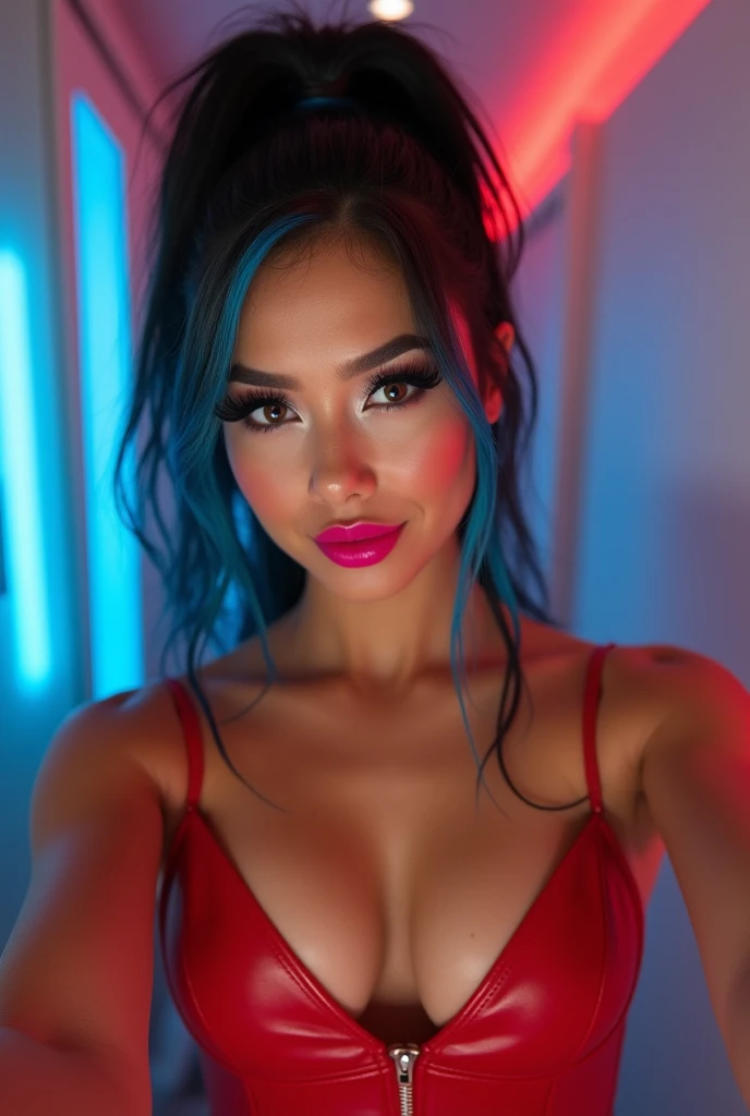indian woman, young, naked, three braids, septum piercing, dimples, thick collar around neck, naughty expression, woman laying on floor, black latex bodysuit, neon lights, close-up, UHD, retina, masterpiece, accurate, anatomically correct, textured skin, super detail, high details, high quality, award winning, best quality, highres