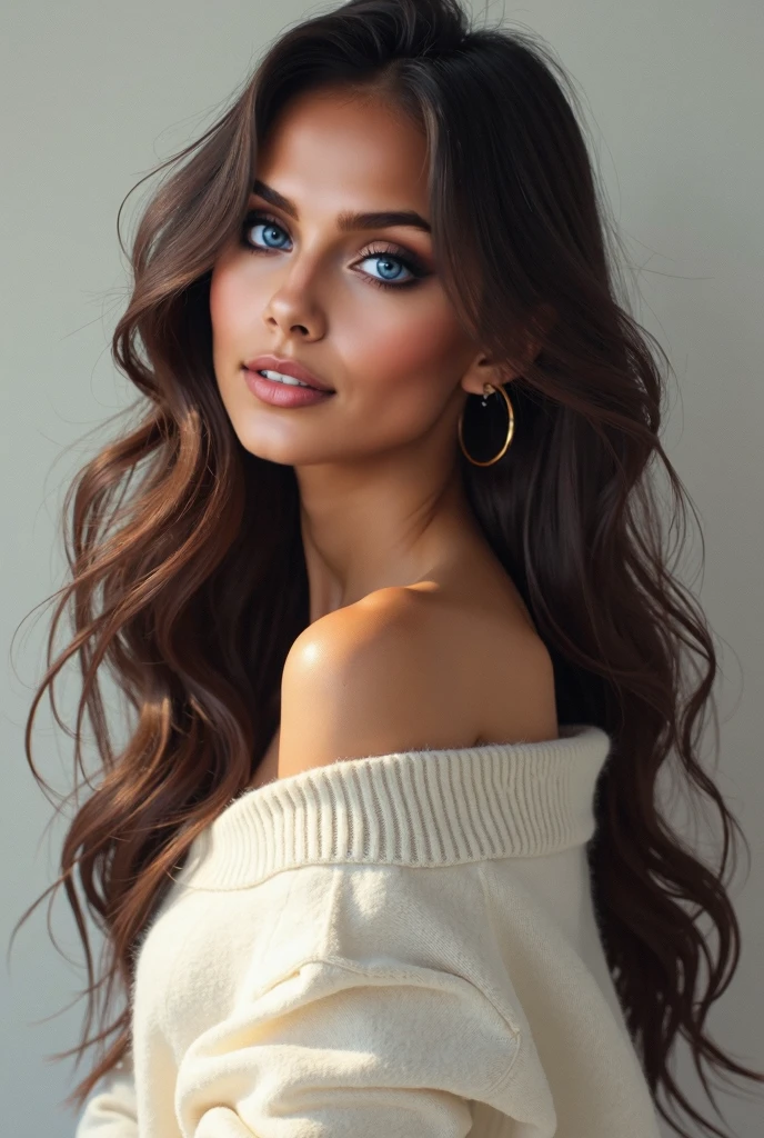  beautiful European brunette model, naked, panties, taking a selfie from above in a closet, hair in a top bun, long wavy wind blown hair,  huge , small waist,  long wind blown hair 