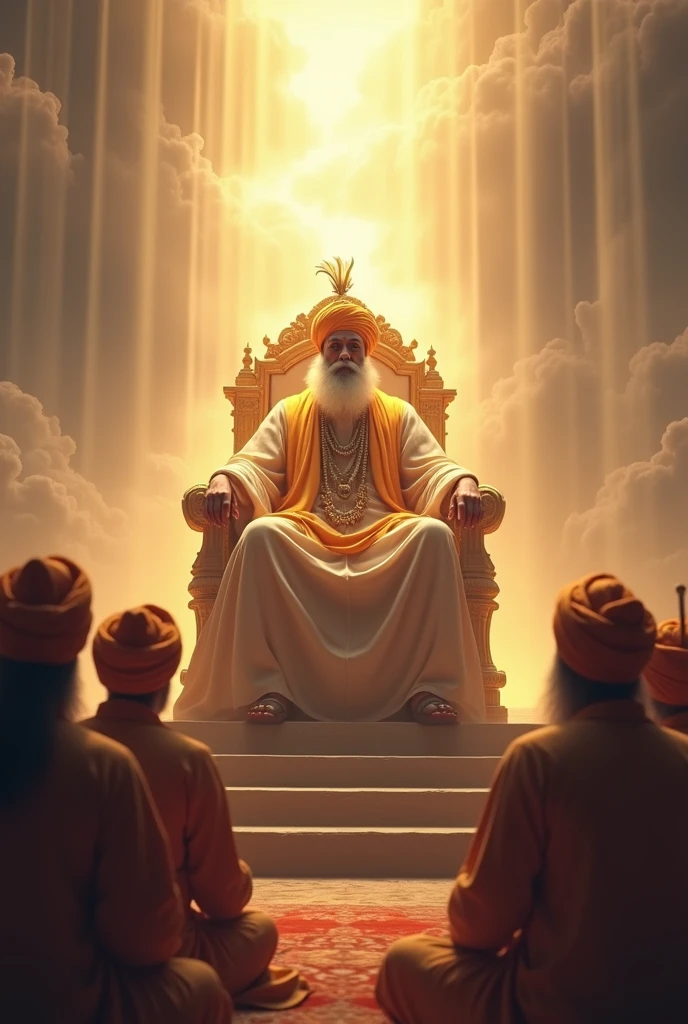 A grand royal court setting with Emperor Akbar seated on a throne, surrounded by scholars from various religious backgrounds (Hindu, Muslim, Sikh, Jain). The scene should depict the emperor in a thoughtful pose, as if discussing the principles of 'Din-i Ilahi,' with sacred symbols from different religions subtly integrated into the background, signifying unity and harmony.
