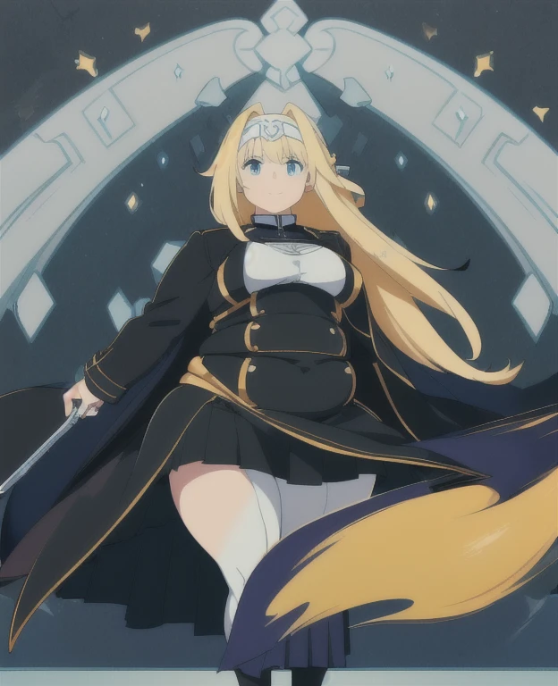 (best quality, 4k, 8k, anime girl, masterpiece)), ((((beautiful extremely detailed face, beautiful eyes)))), cinematic lighting, perfect anatomy, ((alice synthesis thirty)), (((chubby))), (((black coat, tights, long skirt, JK uniform))), (full body view), ((blonde, glowing hair, long hair, white headband, brade)), neon lighting, (((ssbbw))), (((very wide waist, thick waist))), (standing still), (slight smile), city lights, cleavage,