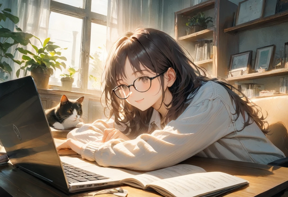 ((Best Quality)), ((Excellent)), (Details), 8k, "A young woman in her late twenties with glasses and curly black hair is trying to work on her laptop at her desk at home. Her black and white tuxedo cat has decided that the keyboard is the perfect place for a nap. The woman has a coffee cup next to her and, with a smile on her face, is trying to nudge the cat. The room is bright with natural light and there is a potted plant on the desk. The scene is bright and filled with warmth.", conceptual art, jpeg artifacts, first person perspective, close-up cat, ultra high resolution, anatomically accurate, attention to detail, ultra detailed