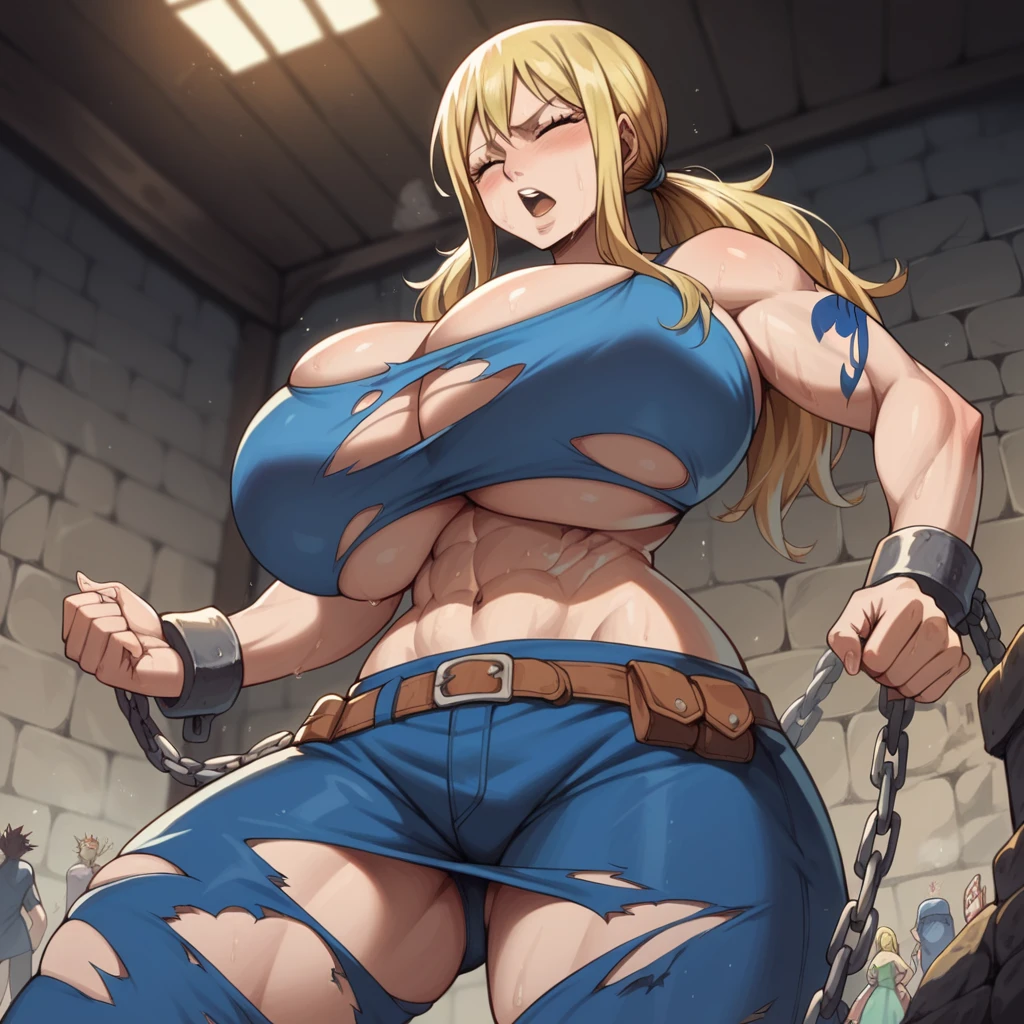 Massive breasts, {Ultra gigantic breasts} massive cleavage, mature, hot and sweaty, dungeon, giantess, toned abs, muscular, lucy, fairy tail, in chains, ripped and torn prisoner clothes, orgasm