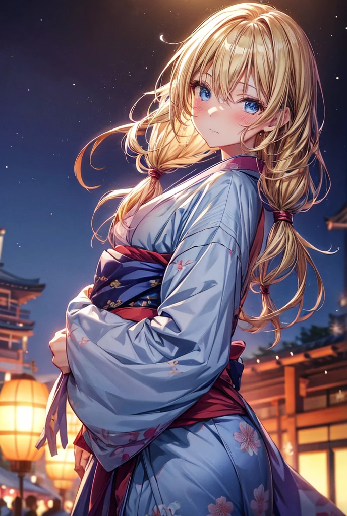 anime, woman, standing, looking away, blushing, semi long, low twintails, wavy hair, blonde, gradient hair, blue eyes, with sparkling eyes, shiny skin, slender, yukata, adult, looking up, in the Japanese festival, with fireworks, at night, cowboy shot, back shot, dynamic angle, cowboy shot, moonlight,