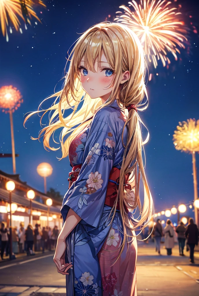 anime, woman, standing, looking away, blushing, semi long, low twintails, wavy hair, blonde, gradient hair, blue eyes, with sparkling eyes, shiny skin, slender, yukata, adult, looking up, in the Japanese festival, with fireworks, at night, cowboy shot, back shot, dynamic angle, cowboy shot, moonlight,