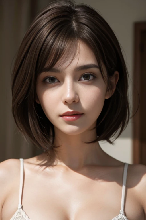 ((masterpiece)), ((Highest quality)), ((Complex)), ((Surreal)), (Realistic), (Mature Woman), ((There are no classes)), Very detailed, (1 female), Beautiful and exquisite, (Beautiful Teeth), Grin, Brunette Bob Hair, Brown eyes, ((blouse)), (Upper Body), (background:none), Perfect Eyes, Captivating eyes, Looking at the audience
