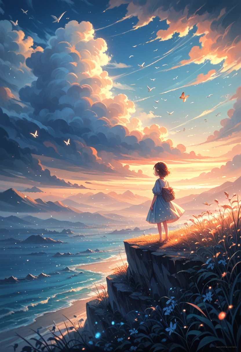 masterpiece, best quality, 1girl, bird, seagull, sky, cloud, polka_dot, blue_sky, solo, cloudy_sky, bug, butterfly, day, blush, flock, outdoors, Abigail,core_9, score_8_up, score_7_up, core_9, score_8_up, score_7_up, dramatic lighting, highly detailed, high budget, bokeh, cinemascope, moody, epic, gorgeous, film grain, grainy, masterpiece, best quality, perfect anatomy, very aesthetic, official art, 8k,