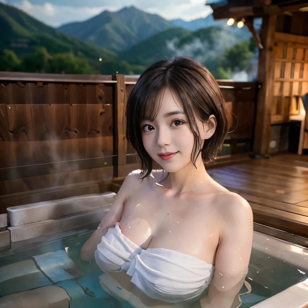 Top quality, 8k, ultra high resolution, clear picture, professional lighting, (public hot spring open-air baths) , (onsen), a beautiful woman, 20years old, delicate face, delicate expression, very short hair, pleasant smile, soaking in outdoor bath, wrapping a bath towel around her body, lots of steam from the bath, (natural sun lightning) , blue sky, outdoors, (huge bath), background mountains in the distance, outdoor bath, cleavage, reflect light 