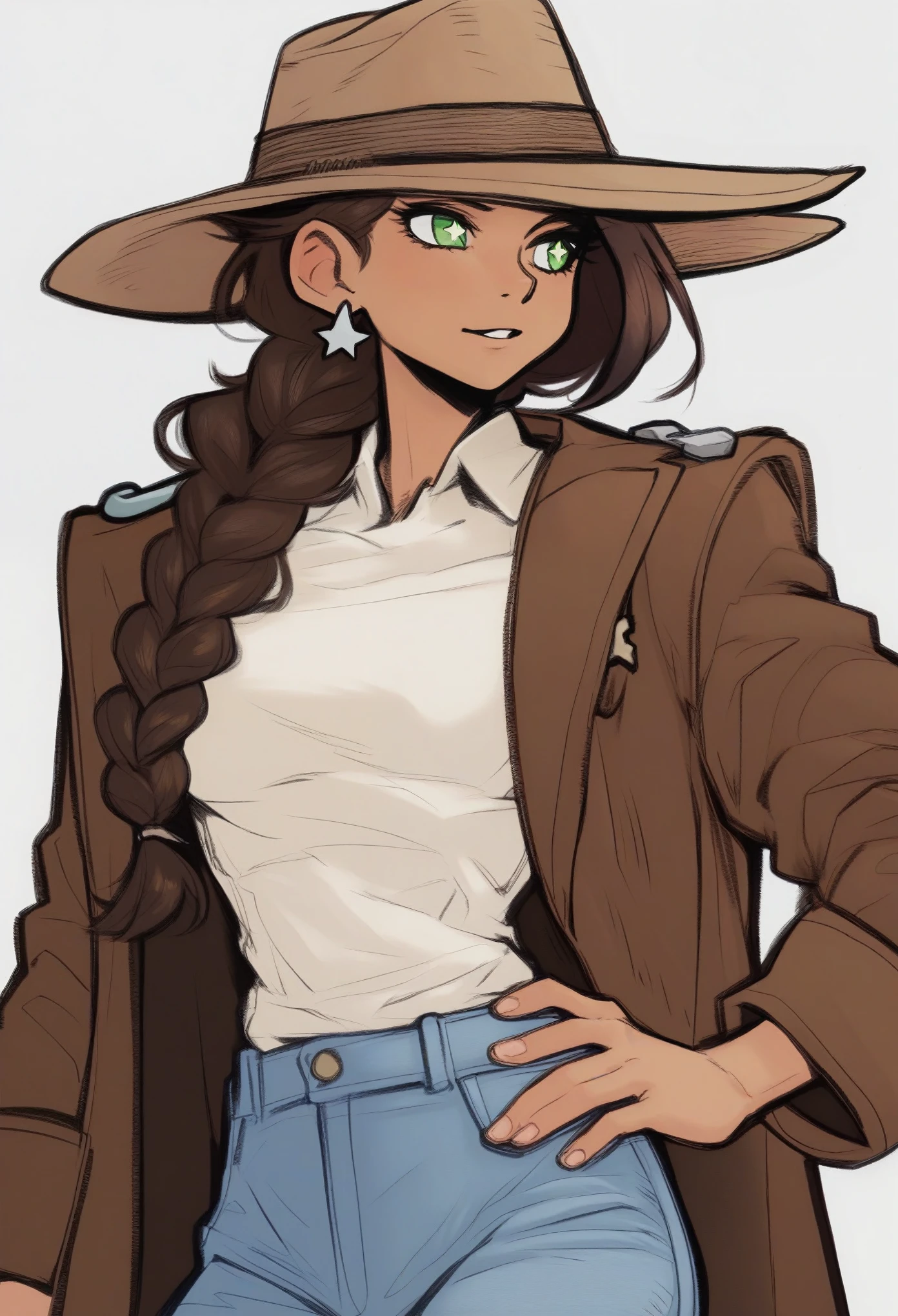 score_9, score_8_up, score_7_up, score_6_up, score_5_up, score_4_up, score bone nig, 1girl, brown hair in braid over shoulder, green eyes, star shaped white pupils, brown fedora, brown coat and white shirt, light blue pants, cowboy boots, blue earrings, tipping hat, one hand on hip, swept bangs, warm shadows,
