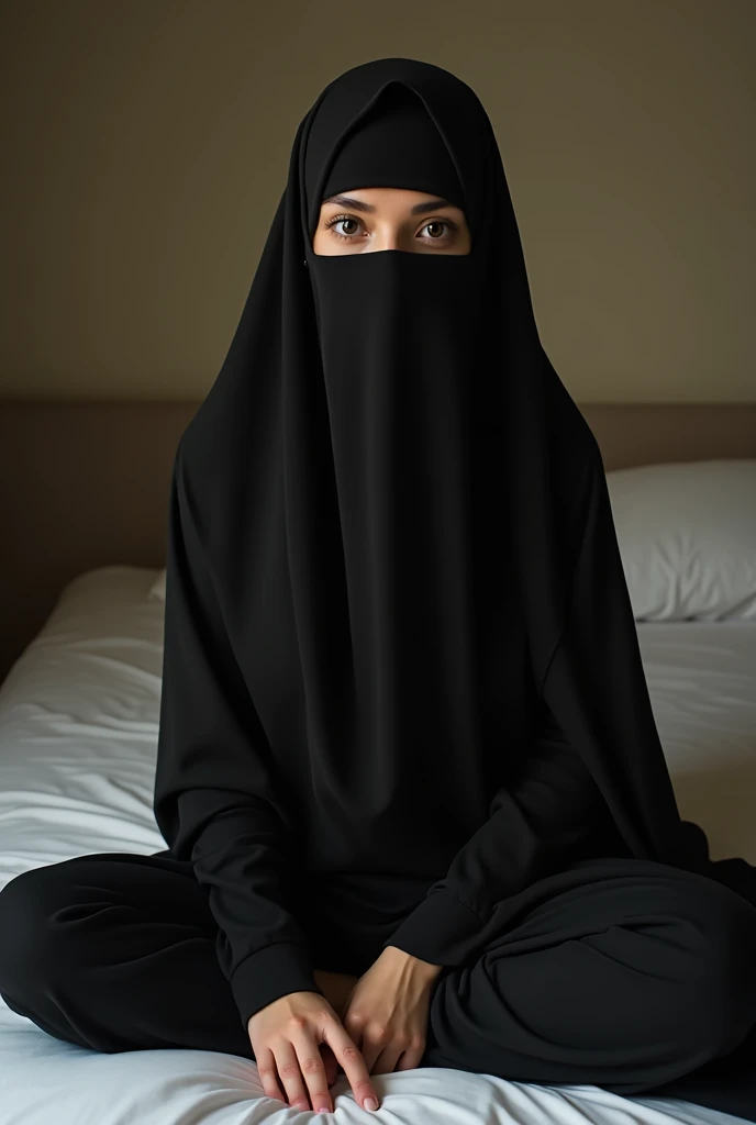 A young muslim girl in niqab only with face mask lying naked in bed rubbing her pussy and squeezing boobs