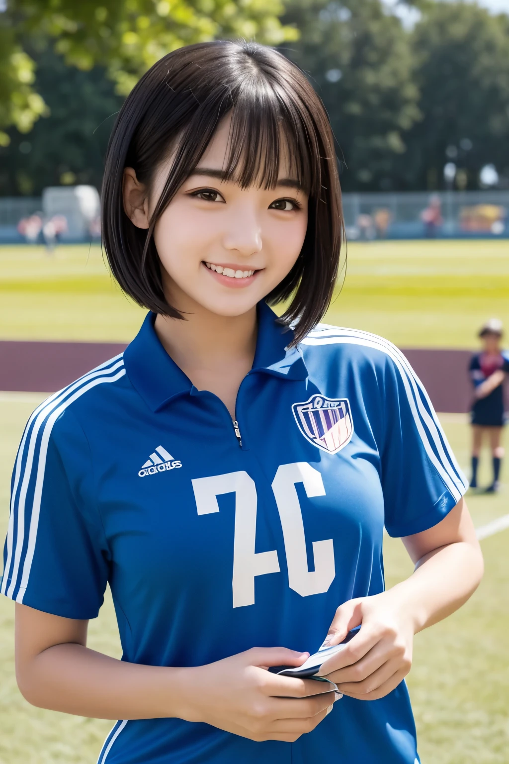 masterpiece, highest quality, High resolution,super detailed, amazingly beautiful woman,１girl girl, (beautiful girl, Delicate girl:1.4),break, (21 years old:1.4), break, soccer uniform,（Hands on head pose:1.4),break,straight hair, small breasts,soccer field, (Soccer goal background), looking at camera, natural color lips, (A smile that shows white teeth:1.1),